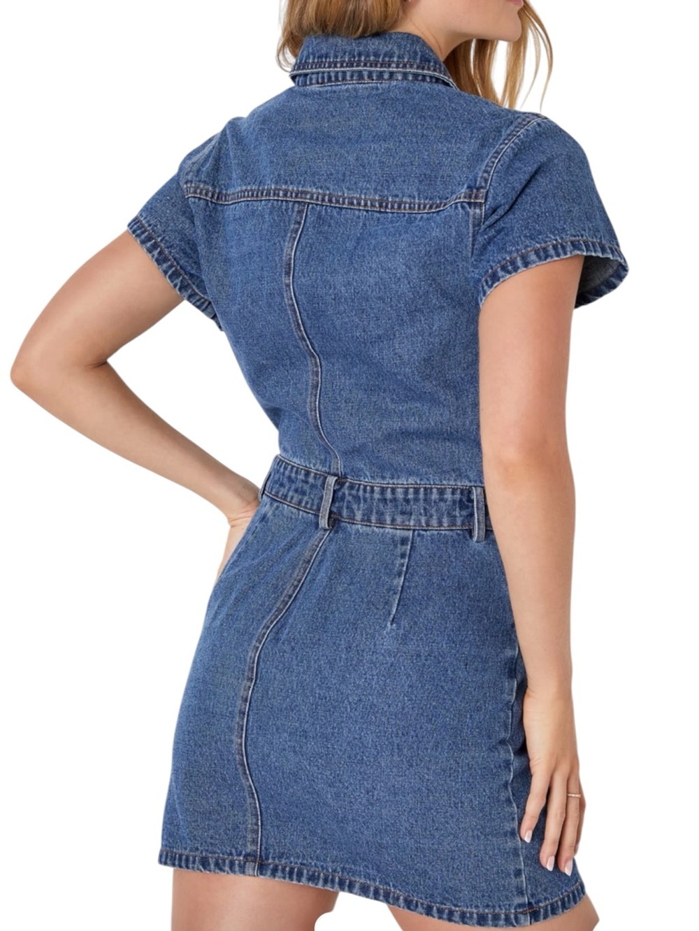 NWT Lulus Medium Wash Denim Mini Dress, Button Front, Short Sleeves, Size Small - Picture 3 of 16